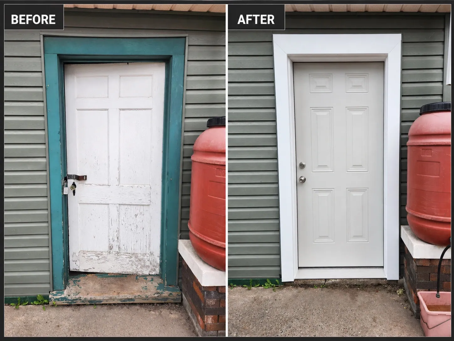 Before and after: weathered exterior door replaced with a white door and finished trim