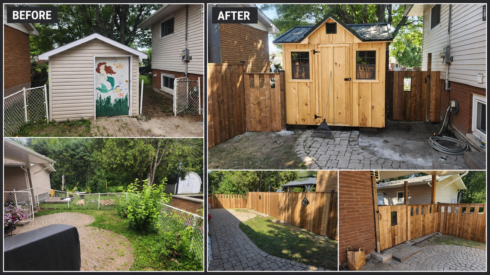 Custom shed and backyard fence build before and after by Collins Contracting